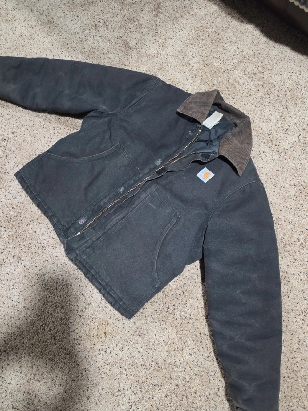 Carhartt Mens Black Jacket with Brown Corduroy Collar
